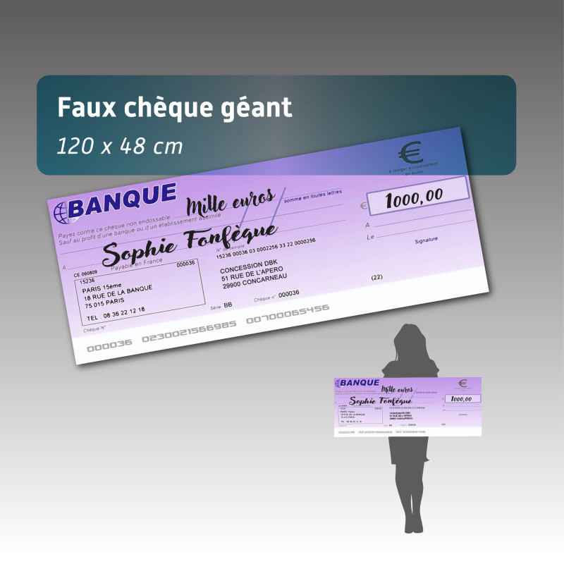 Faux chèque géant personnalisé 120x48 cm – Remise de prix, dons et événements