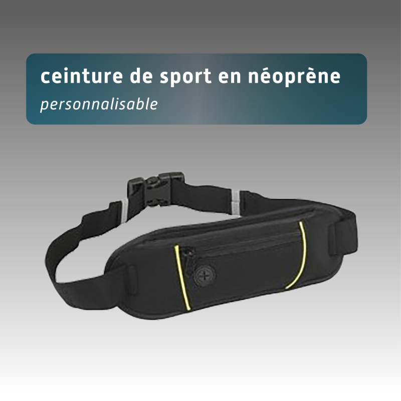 Ceinture de sport en néoprène noire avec poche et sortie casque – Marquage possible