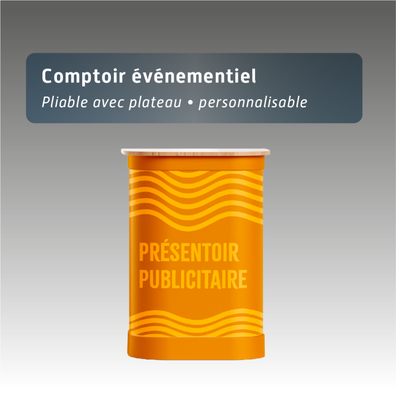 Présentoir publicitaire pliable avec plateau - Comptoir événementiel portable personnalisable
