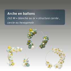 Arche en ballons - 2x2 m, blanche ou or - structure carrée, cercle ou hexagonale